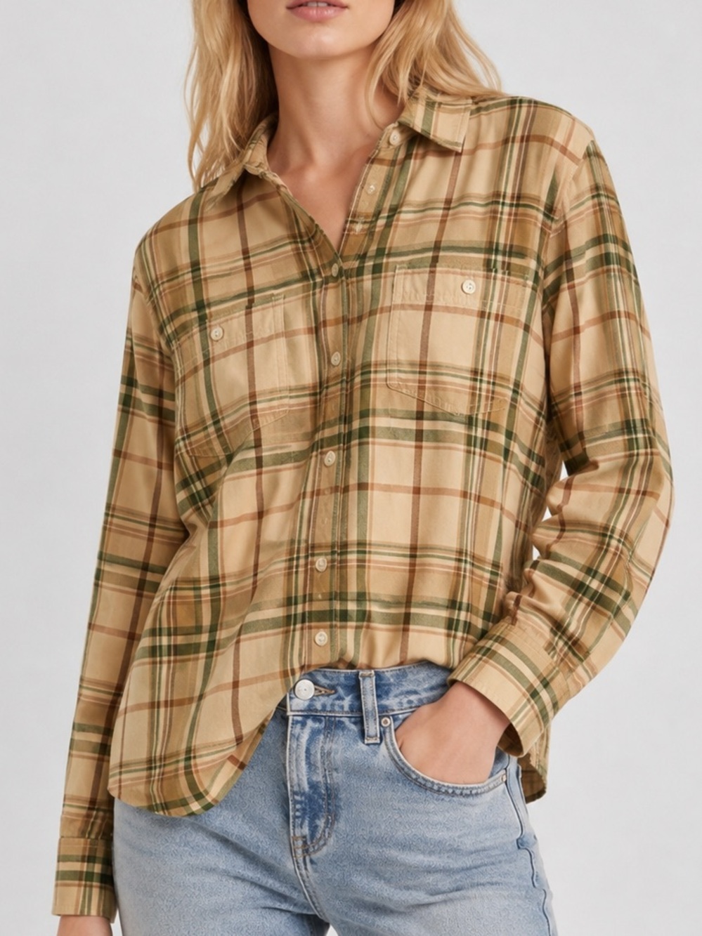 Ralph Lauren Cotton Tan Green Plaid Button Down Shirt